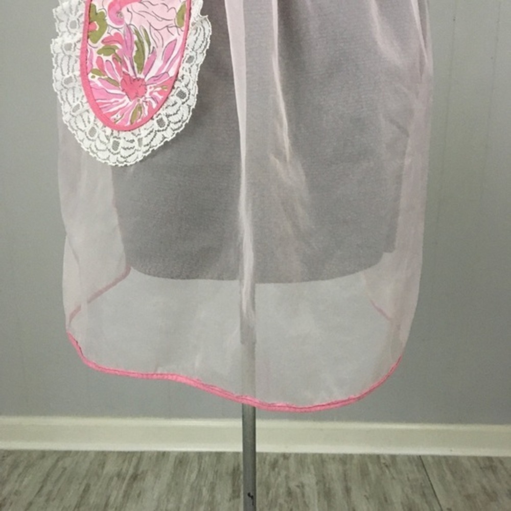 Vintage Pink Half Apron Sheer Chiffon Abstract Lace Tie Back Hostess - Picture 10 of 15